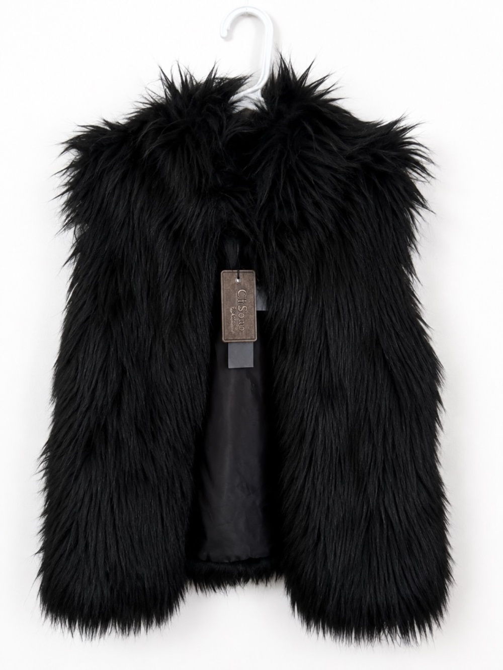 Ci Sono by Cavalini Black Shaggy Faux Fur Vest NWT Women's Medium Open Front